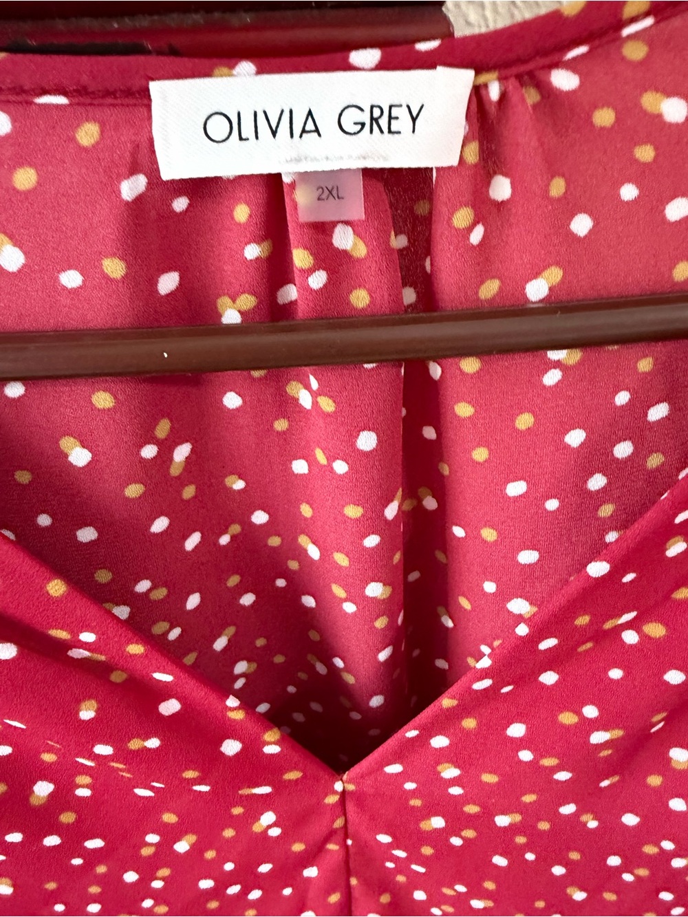 Olivia Grey Red Polka Dot V-Neck Blouse - Picture 4 of 6